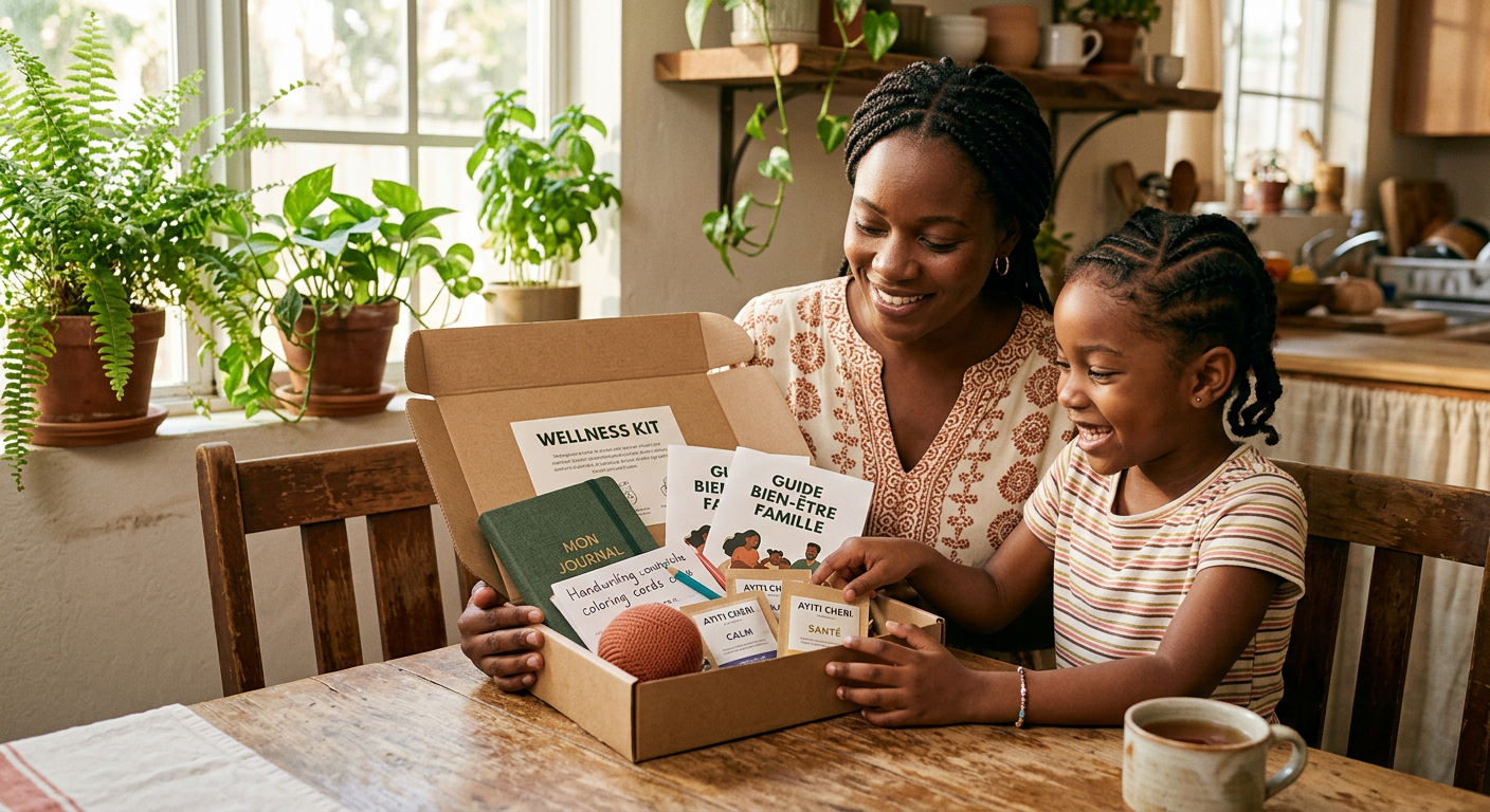 A mother and daughter smiling as they open a wellness kit together at their kitchen table