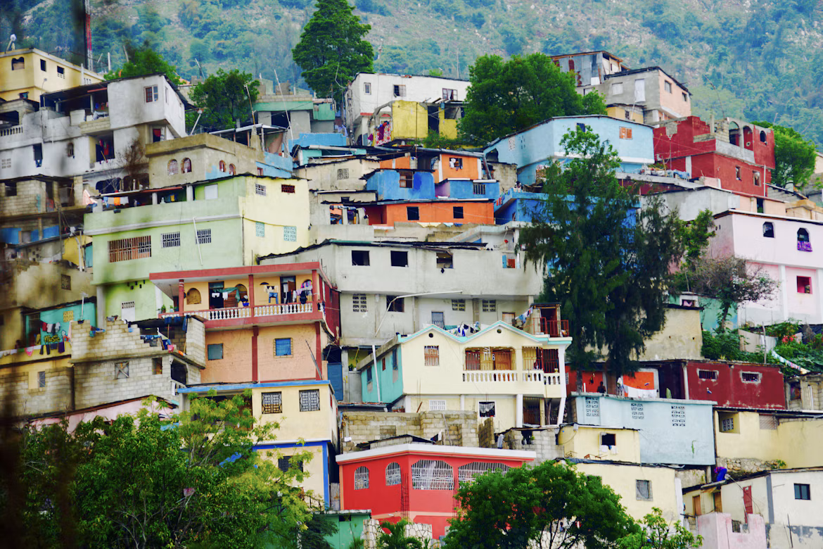 A row of colorful homes in a neighborhood