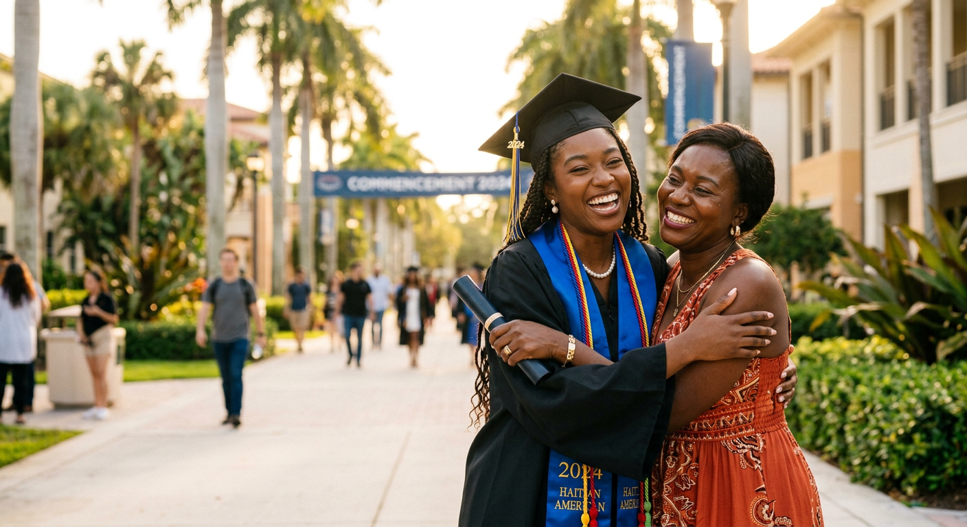 A smiling graduate in cap and gown embracing her mother on a sunny campus