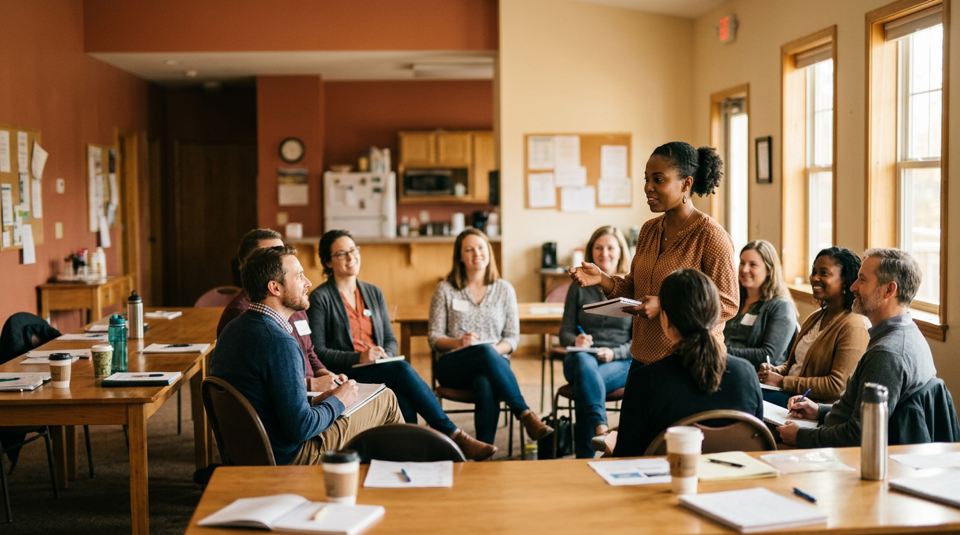A Lakou Lokal facilitator leading a training session with community organization staff
